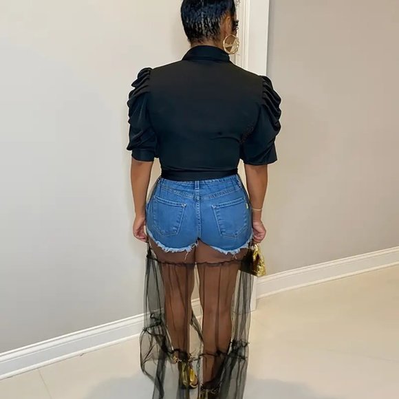 Sexy Short Sleeve Turn Down Collar Tie Mesh Dress - Picture 4 of 5